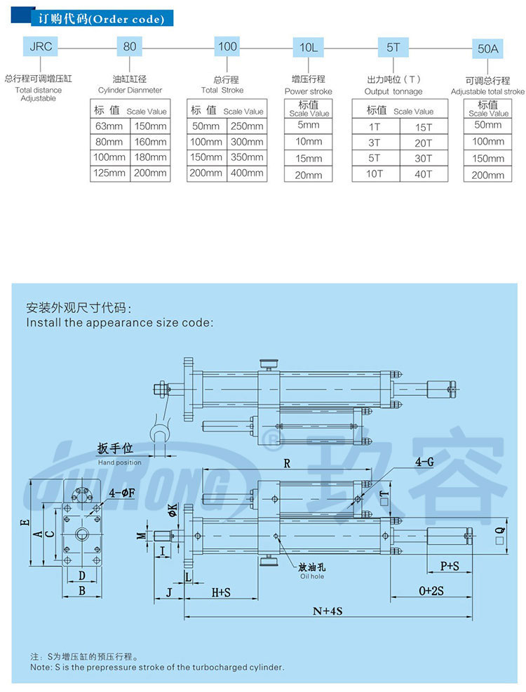 總行程可調(diào)氣液增壓缸訂購尺寸代碼