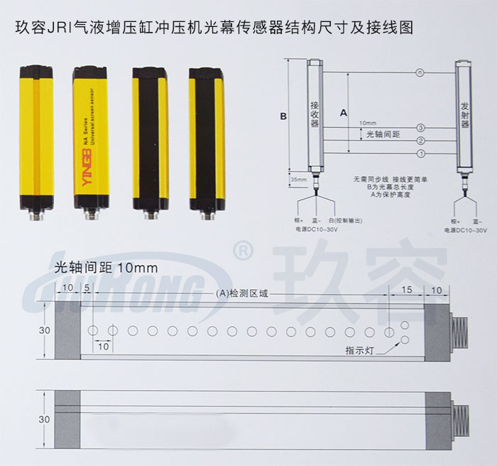 玖容JRI氣液增壓缸沖壓機(jī)光幕傳感器結(jié)構(gòu)尺寸及接線圖